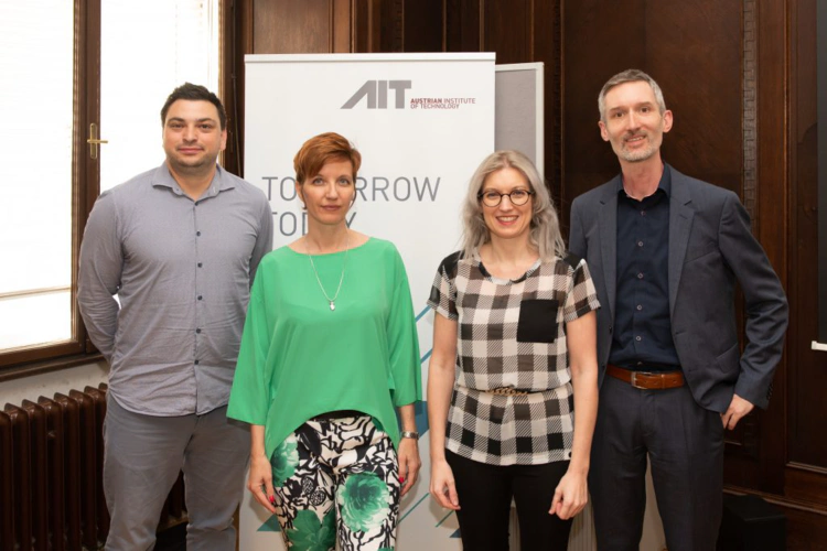 Left to right: Patrick Ratheiser (Leftshift One), Tünde Fülöp (BMEIA), Christine Bauer (JKU), Mario Drobics (AIT)
Image credit: **AIT / Raimund Appel**, 2019.