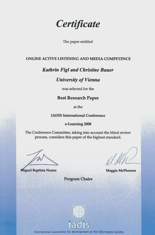 Certificate of the IADIS e-Learning 2008 Best Research Paper Award